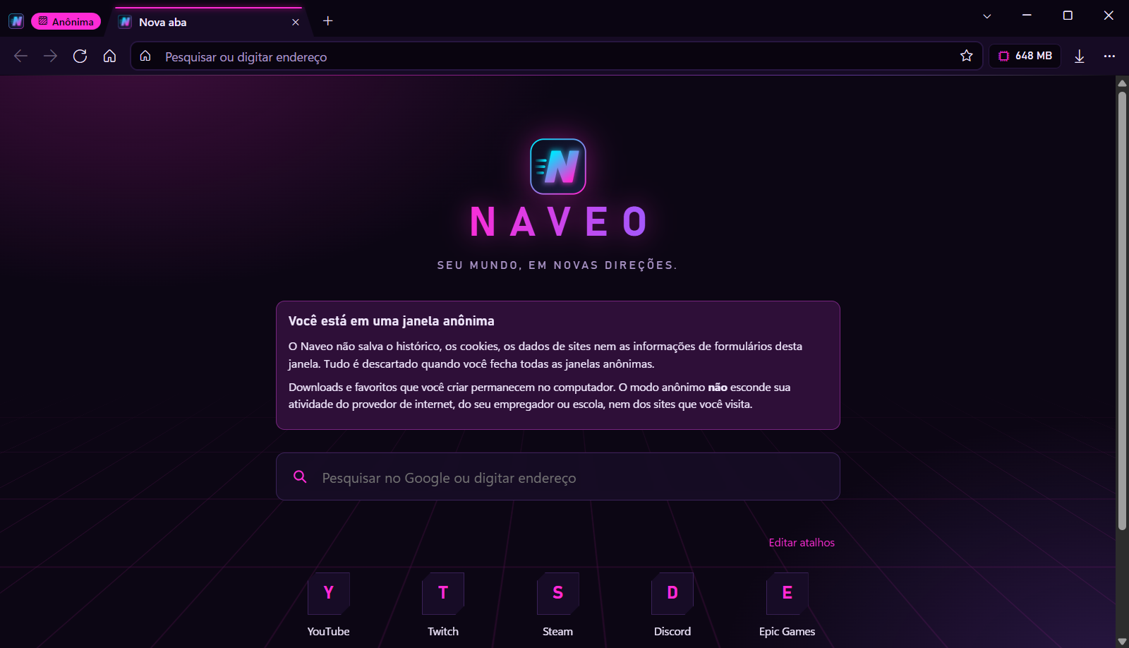 Janela anônima do Naveo em violeta e magenta, com o selo Anônima e o aviso sobre o que o modo anônimo protege.