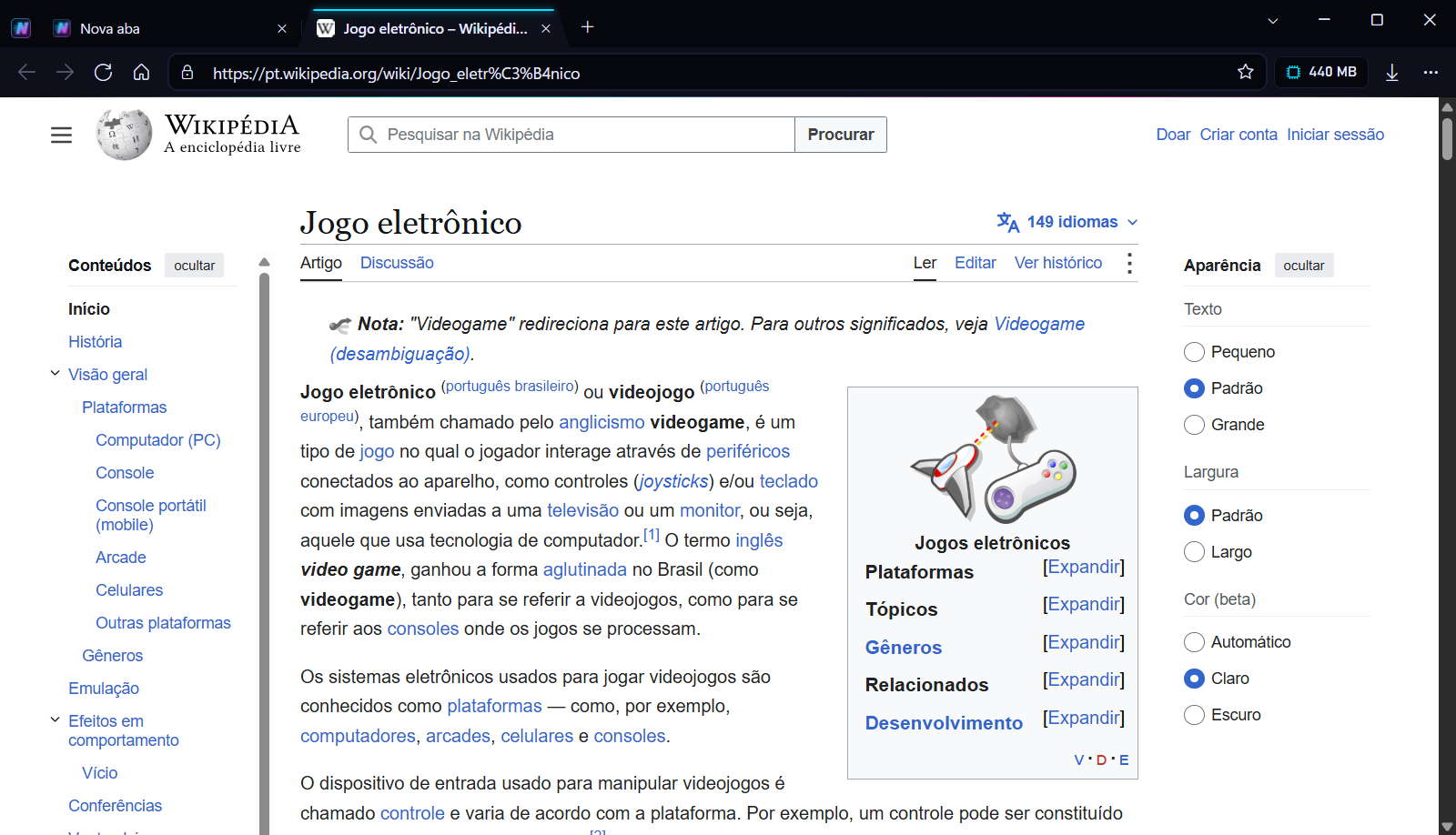 Naveo no tema Neon exibindo um artigo da Wikipédia sobre jogos eletrônicos, com a linha neon na aba ativa e o medidor de memória na barra.