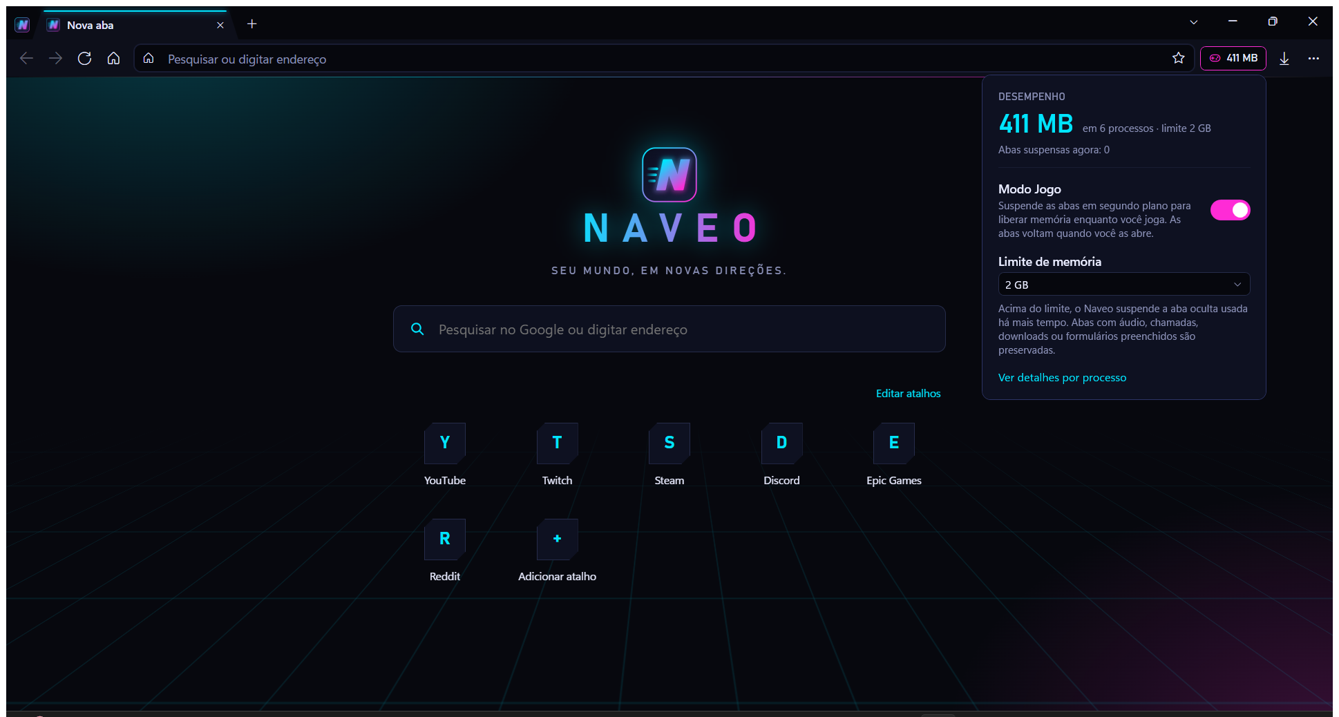 Nova aba do Naveo com o painel de desempenho aberto: 411 MB em uso, Modo Jogo ligado e limite de memória de 2 GB.